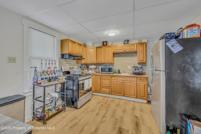 kitchen with light hardwood / wood-style flooring, tasteful backsplash, a paneled ceiling, stainless steel appliances, and sink