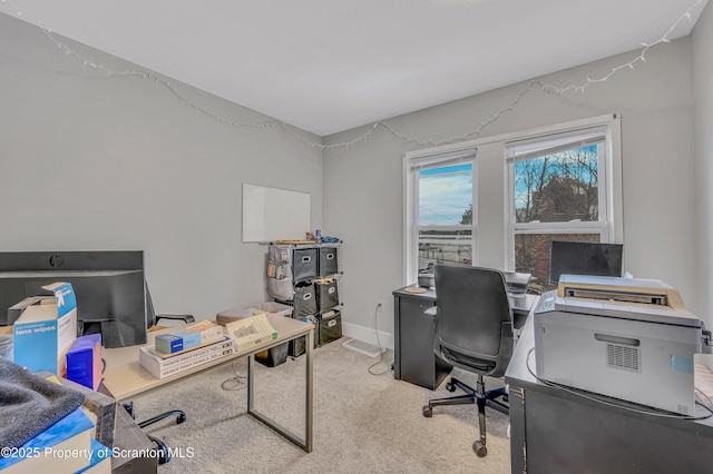 home office featuring light colored carpet