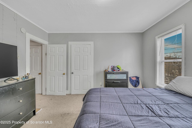 bedroom with light carpet, crown molding, and a textured ceiling