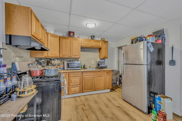 kitchen with appliances with stainless steel finishes, sink, a paneled ceiling, light hardwood / wood-style flooring, and backsplash