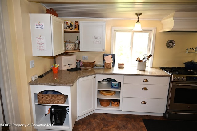 519 Sutton Rd, New Milford, PA 18834 - kitchen with open shelves, gas range, premium range hood, white cabinetry, and stone countertops