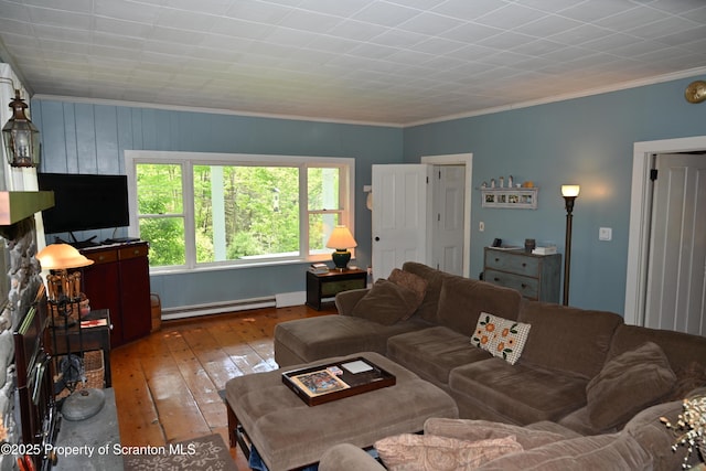 519 Sutton Rd, New Milford, PA 18834 - living room with a baseboard radiator, hardwood / wood-style floors, and crown molding