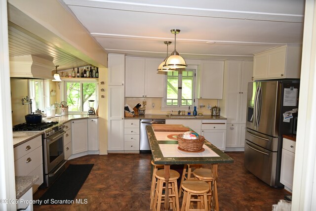 519 Sutton Rd, New Milford, PA 18834 - kitchen featuring stainless steel appliances, white cabinetry, pendant lighting, and a kitchen bar
