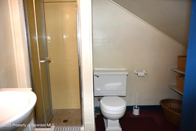 519 Sutton Rd, New Milford, PA 18834 - full bath featuring toilet, a shower stall, a sink, baseboards, and vaulted ceiling