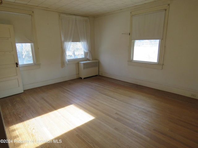 unfurnished room with radiator heating unit and light wood-type flooring