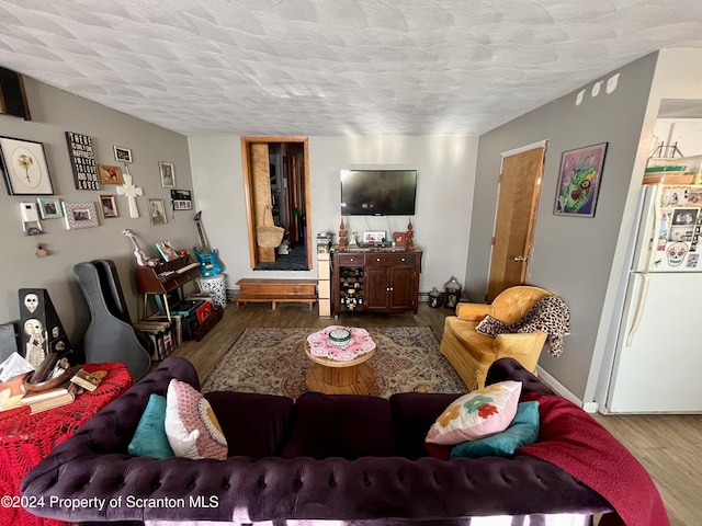 living room with wood-type flooring and a textured ceiling