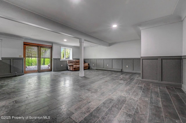 48 Bowen Rd Unit T-321, Spring Brook Twp, PA 18444 - basement featuring hardwood / wood-style floors, a wainscoted wall, recessed lighting, a decorative wall, and a baseboard radiator