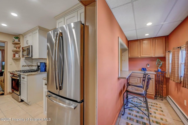 kitchen featuring open shelves, stainless steel appliances, recessed lighting, light tile patterned floors, and a baseboard radiator