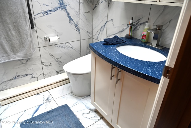 3511 Liberty Park Rd, Hallstead, PA 18822 - bathroom featuring vanity, marble tiled floors, toilet, and tile walls