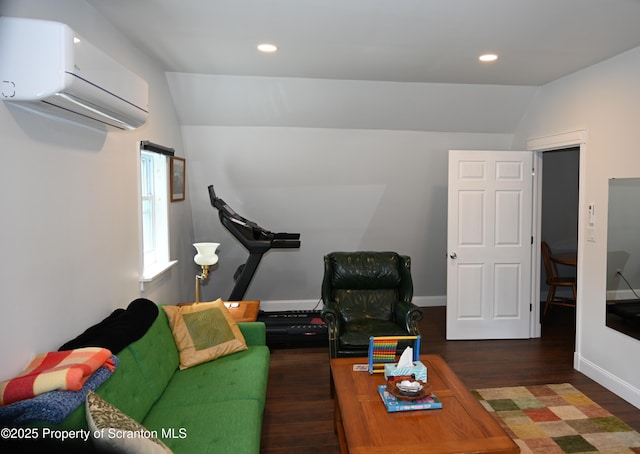 3511 Liberty Park Rd, Hallstead, PA 18822 - living area featuring lofted ceiling, an AC wall unit, wood finished floors, recessed lighting, and baseboards