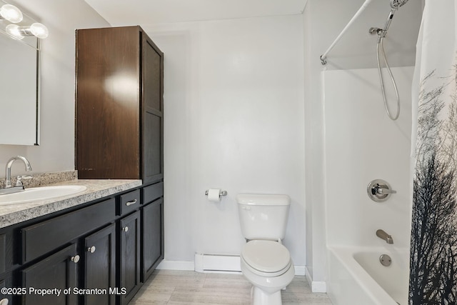 960 Lott Rd, Meshoppen, PA 18630 - bathroom with toilet, vanity, shower / bath combo, a baseboard radiator, and baseboards