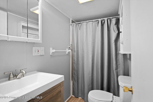 bathroom featuring toilet, vanity, and a shower with shower curtain