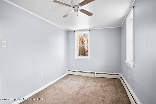 carpeted empty room with a baseboard radiator, ceiling fan, and ornamental molding