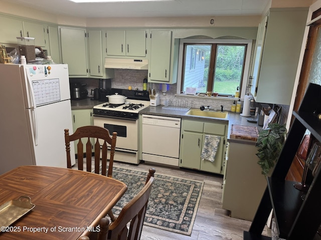 26-28 Glinko St, Scranton, PA 18504 - kitchen with white appliances, green cabinets, a sink, and decorative backsplash