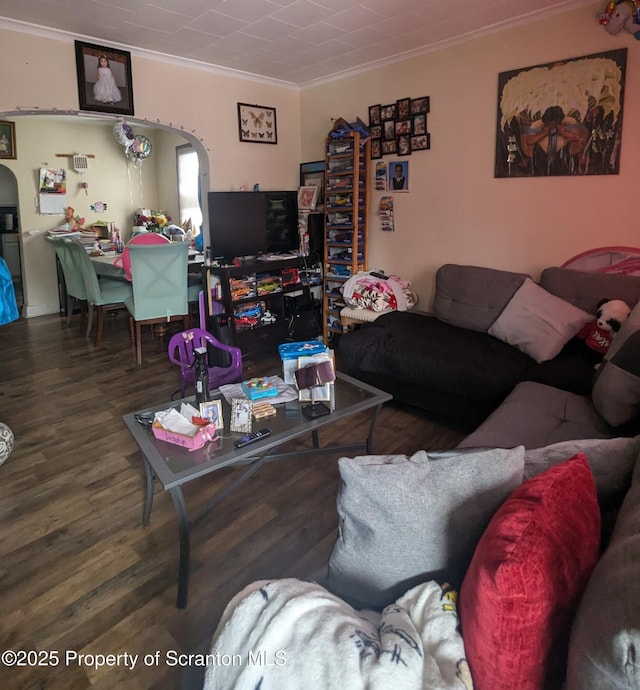26-28 Glinko St, Scranton, PA 18504 - living room featuring crown molding, wood finished floors, and arched walkways