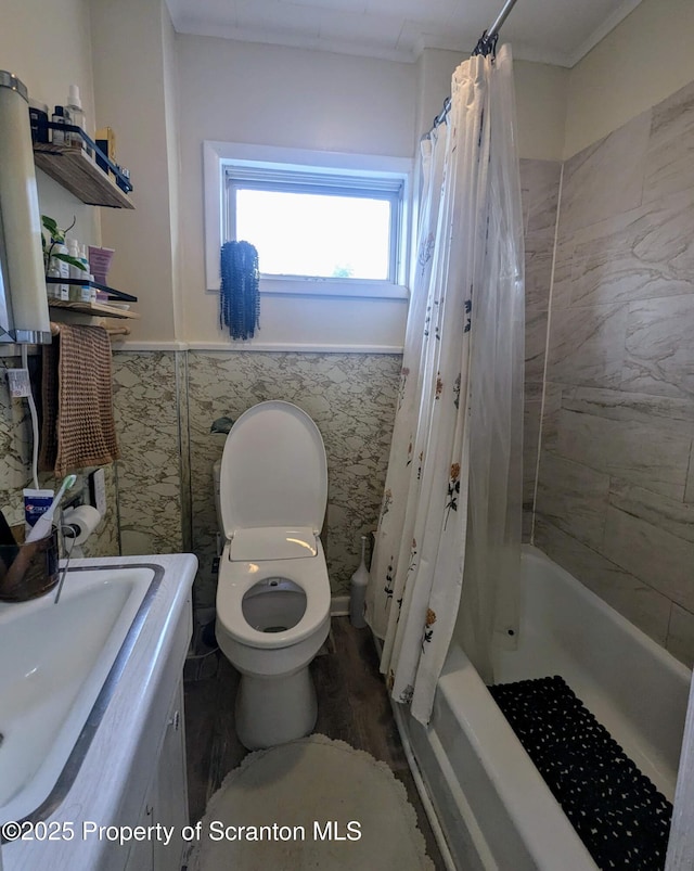 26-28 Glinko St, Scranton, PA 18504 - full bath featuring toilet, shower / bath combo with shower curtain, vanity, wood finished floors, and tile walls