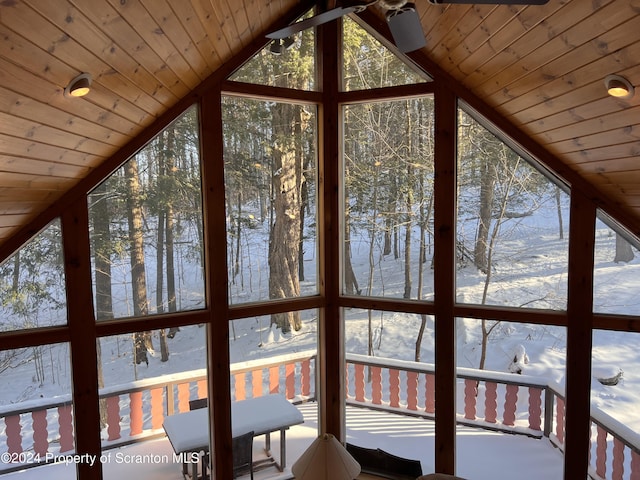 unfurnished sunroom with wooden ceiling and lofted ceiling