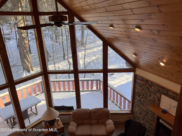 unfurnished living room featuring a wall of windows, wood ceiling, and vaulted ceiling