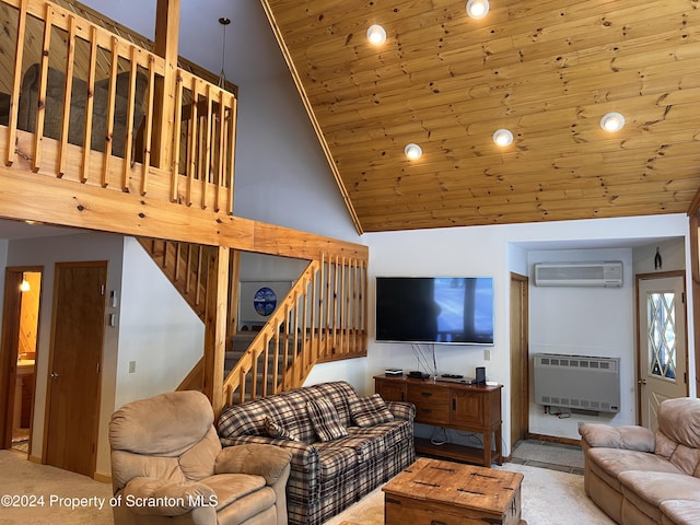 living room featuring light carpet, wood ceiling, heating unit, high vaulted ceiling, and an AC wall unit