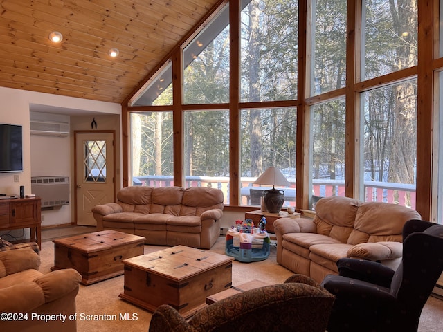 living room with floor to ceiling windows, wooden ceiling, a wall unit AC, a towering ceiling, and light colored carpet