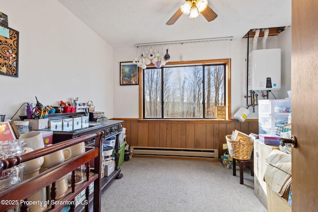 full bath with tile patterned flooring, a textured ceiling, vanity, and a baseboard radiator