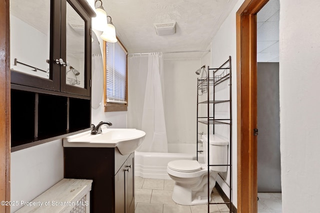 full bath with vanity, tile patterned flooring, shower / tub combo, and toilet