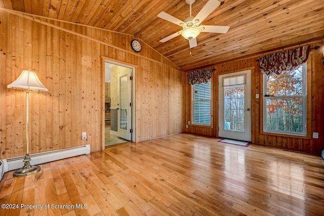 empty room featuring wooden walls, wooden ceiling, and lofted ceiling