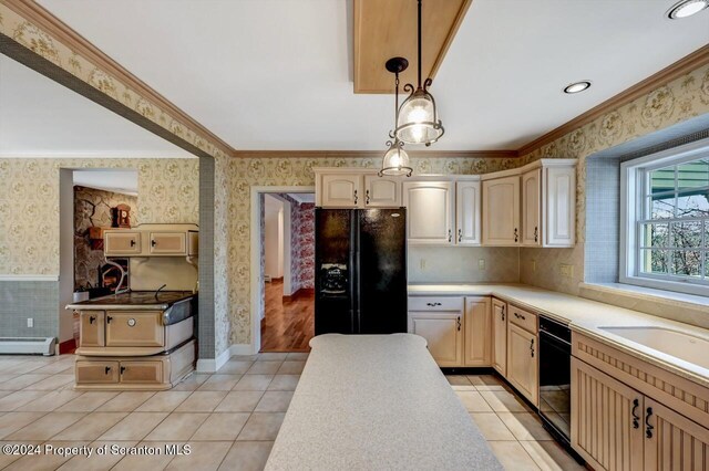 kitchen featuring black refrigerator with ice dispenser, light tile patterned floors, pendant lighting, and a baseboard radiator