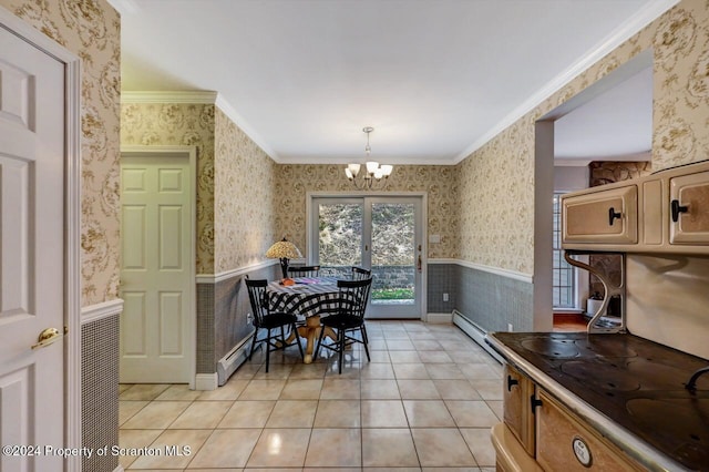 tiled dining room with a chandelier, a baseboard heating unit, and ornamental molding