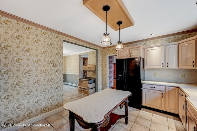 kitchen featuring light brown cabinets, a baseboard heating unit, crown molding, decorative light fixtures, and black fridge with ice dispenser