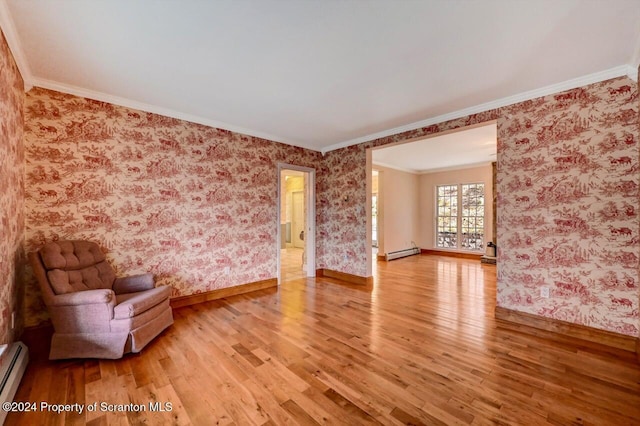 unfurnished living room featuring crown molding, a baseboard radiator, and hardwood / wood-style flooring