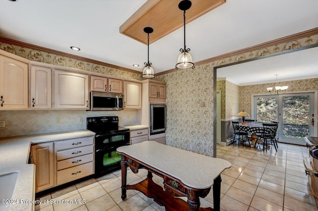 kitchen featuring light brown cabinets, black / electric stove, crown molding, a chandelier, and pendant lighting