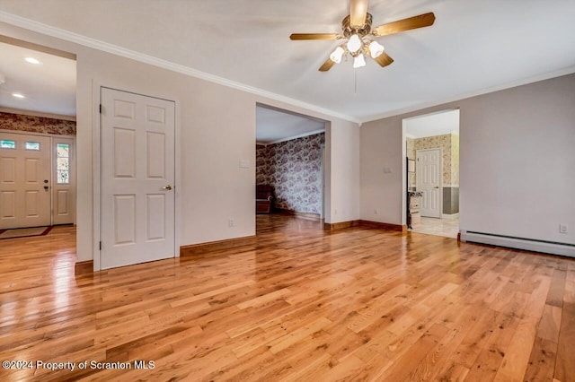 unfurnished room with baseboard heating, crown molding, ceiling fan, and light wood-type flooring