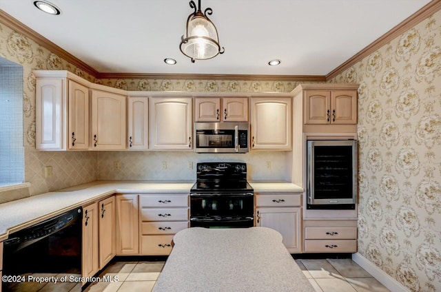 kitchen featuring light brown cabinets, beverage cooler, decorative light fixtures, light tile patterned floors, and black appliances