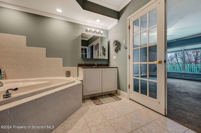 bathroom featuring vanity, french doors, tile patterned floors, ceiling fan, and a relaxing tiled tub