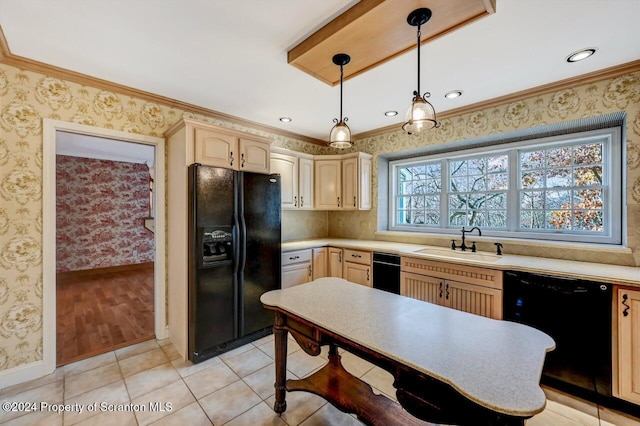 kitchen with crown molding, sink, black appliances, pendant lighting, and light brown cabinets