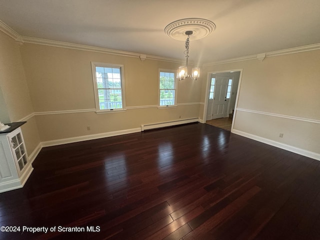 unfurnished dining area with an inviting chandelier, dark hardwood / wood-style flooring, ornamental molding, and a baseboard radiator