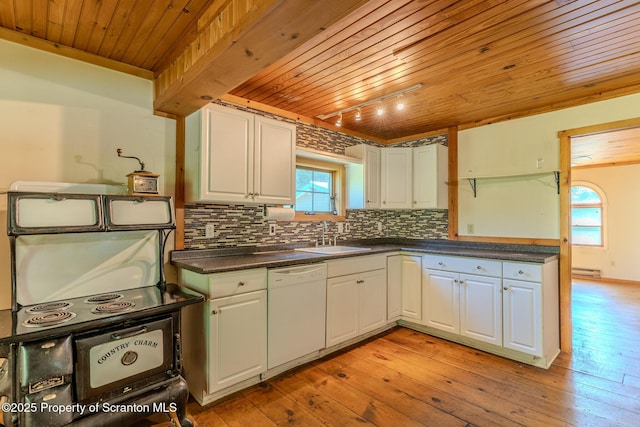 2269 Creek Rd, New Milford, PA 18834 - kitchen with dishwasher, wood ceiling, a sink, track lighting, and white cabinets
