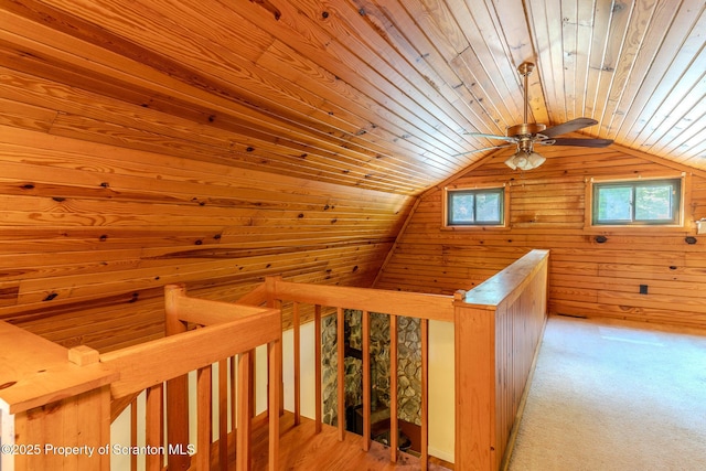 2269 Creek Rd, New Milford, PA 18834 - hallway featuring an upstairs landing, wooden ceiling, wooden walls, and lofted ceiling