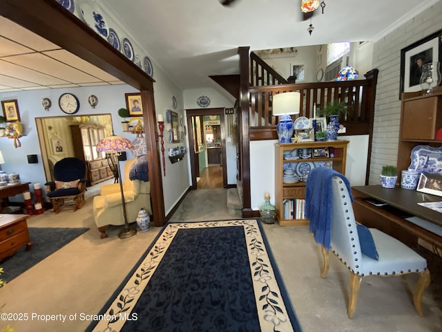 906 Cedar Ave, Scranton, PA 18505 - carpeted home office featuring ornamental molding and brick wall