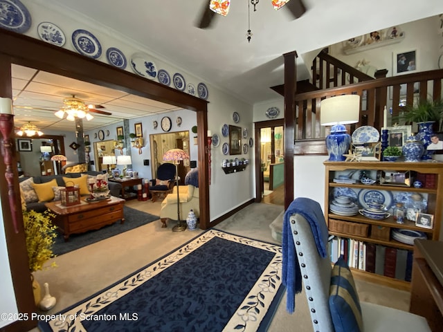 906 Cedar Ave, Scranton, PA 18505 - carpeted living area with ceiling fan and ornamental molding