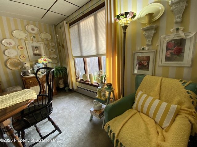 906 Cedar Ave, Scranton, PA 18505 - sitting room with wallpapered walls, carpet floors, a baseboard radiator, and a drop ceiling