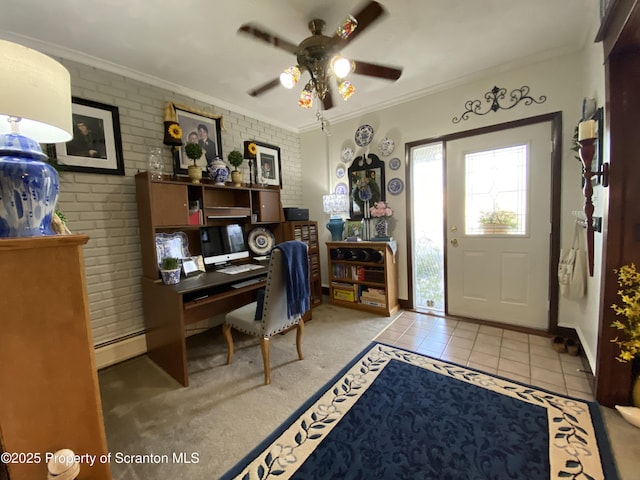 906 Cedar Ave, Scranton, PA 18505 - office space with brick wall, crown molding, ceiling fan, baseboard heating, and tile patterned flooring