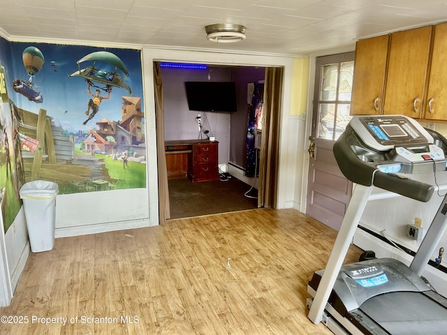 workout room featuring light wood-style flooring and crown molding
