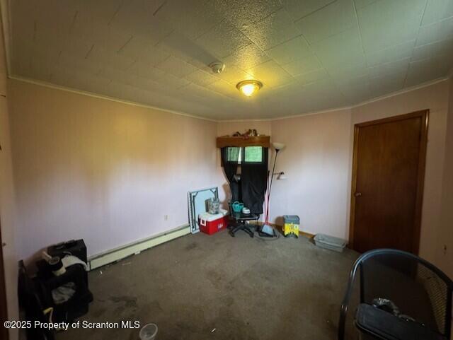 1449 Dickens St, Scranton, PA 18504 - miscellaneous room with carpet flooring, baseboard heating, crown molding, and baseboards
