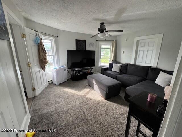 1449 Dickens St, Scranton, PA 18504 - living room featuring a textured ceiling, plenty of natural light, carpet flooring, and a ceiling fan
