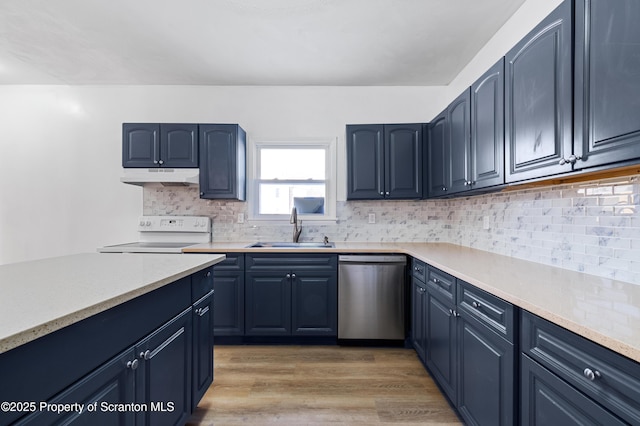 kitchen featuring white electric range oven, dishwasher, sink, hardwood / wood-style flooring, and blue cabinets