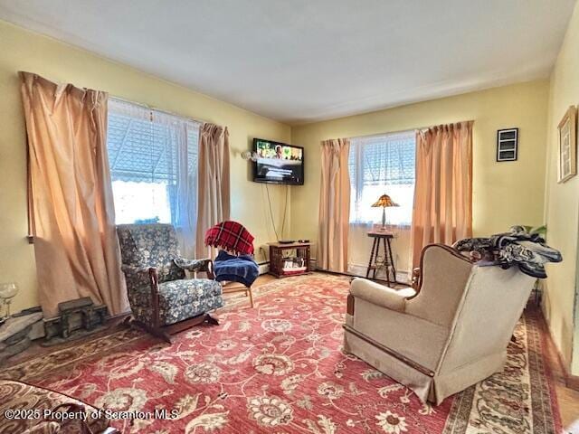 sitting room with baseboard heating and carpet flooring