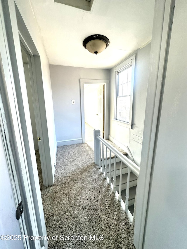 corridor with baseboards and carpet