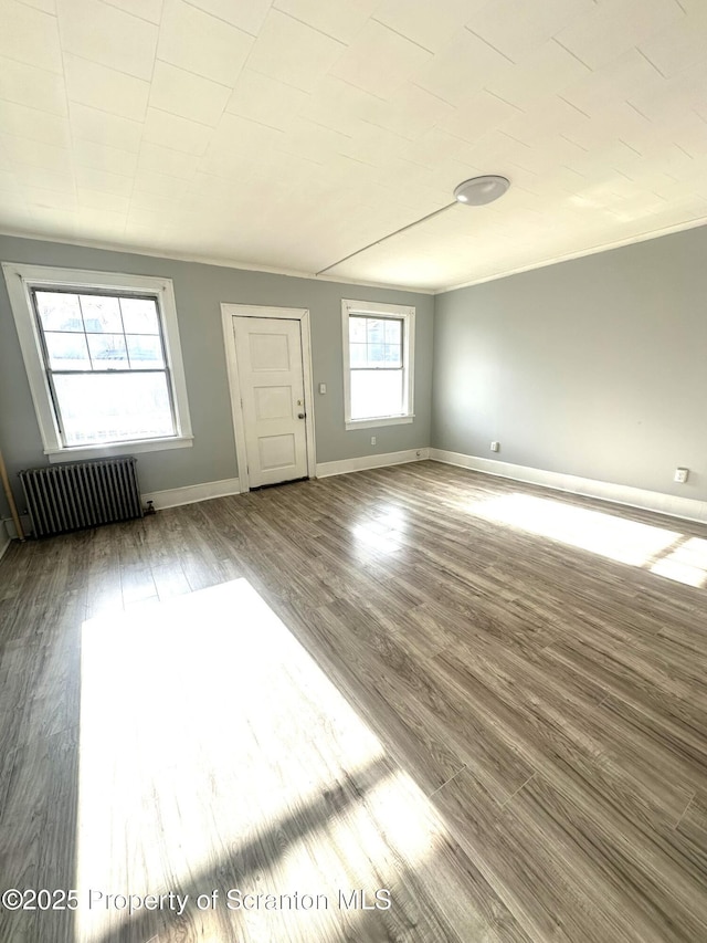 interior space featuring radiator, baseboards, and wood finished floors